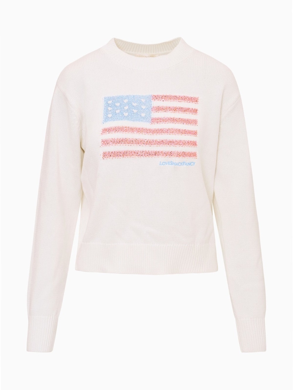 LoveShackFancy Cream Knit Sweater with Pastel Pink & Blue Flag
